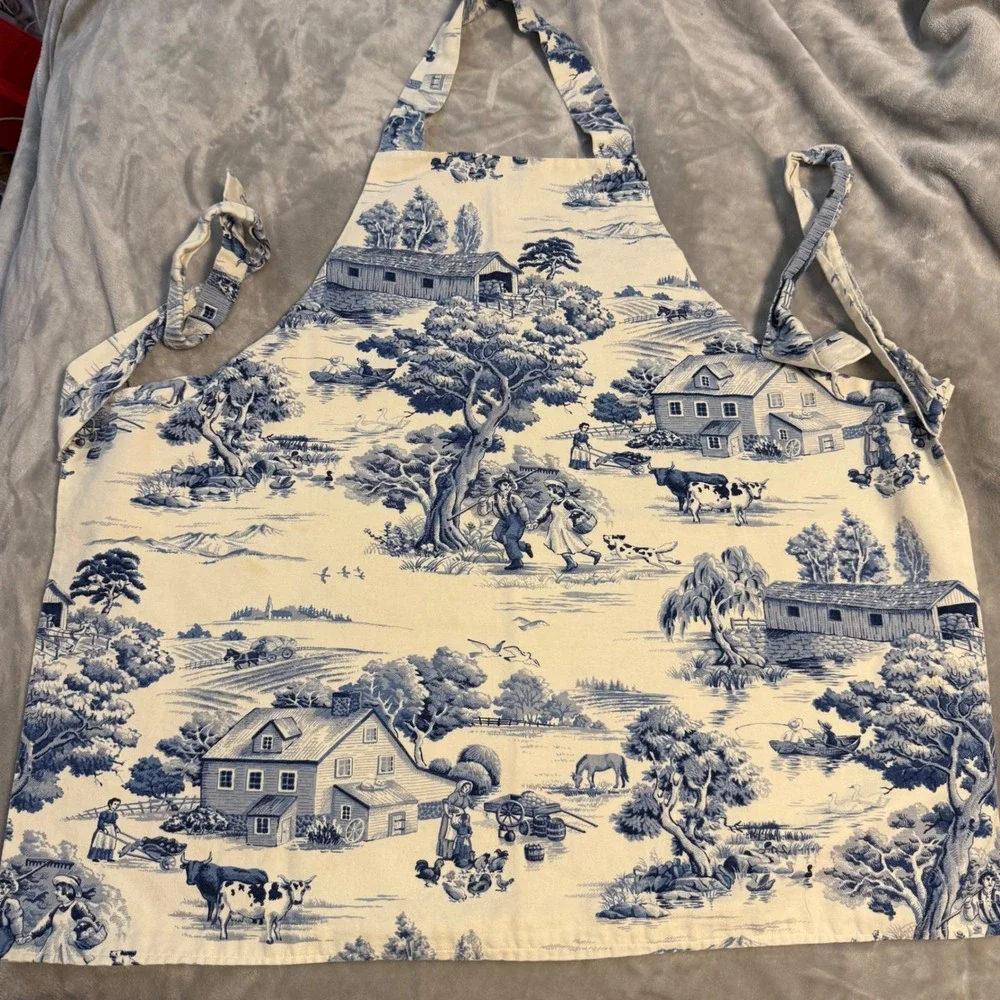 Blue Toile Farmhouse Apron Country Cottagecore Pastoral Scene Kitchen Cooking‎